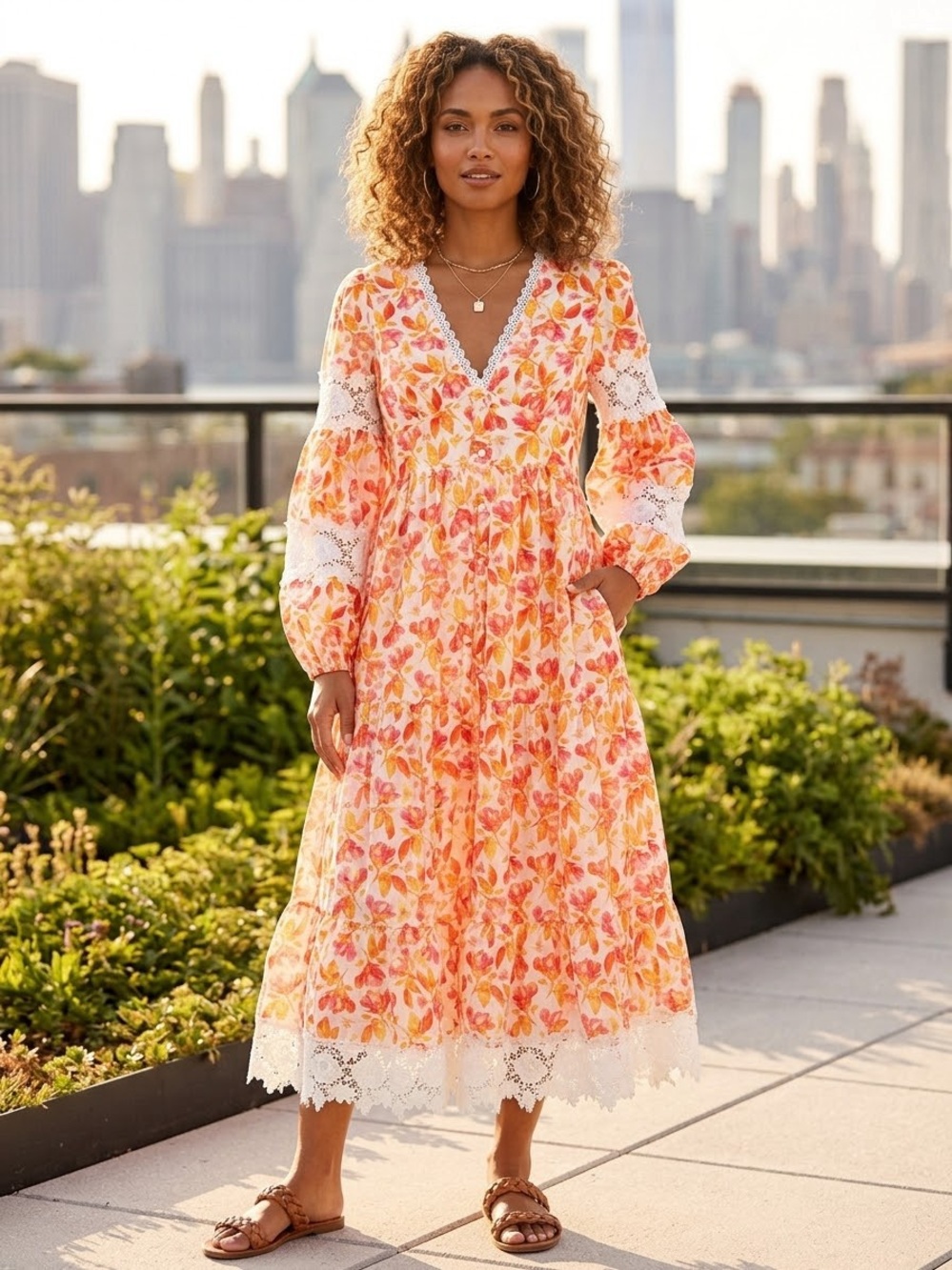 V-Neck Long Sleeve Floral Midi Dress in Peach
